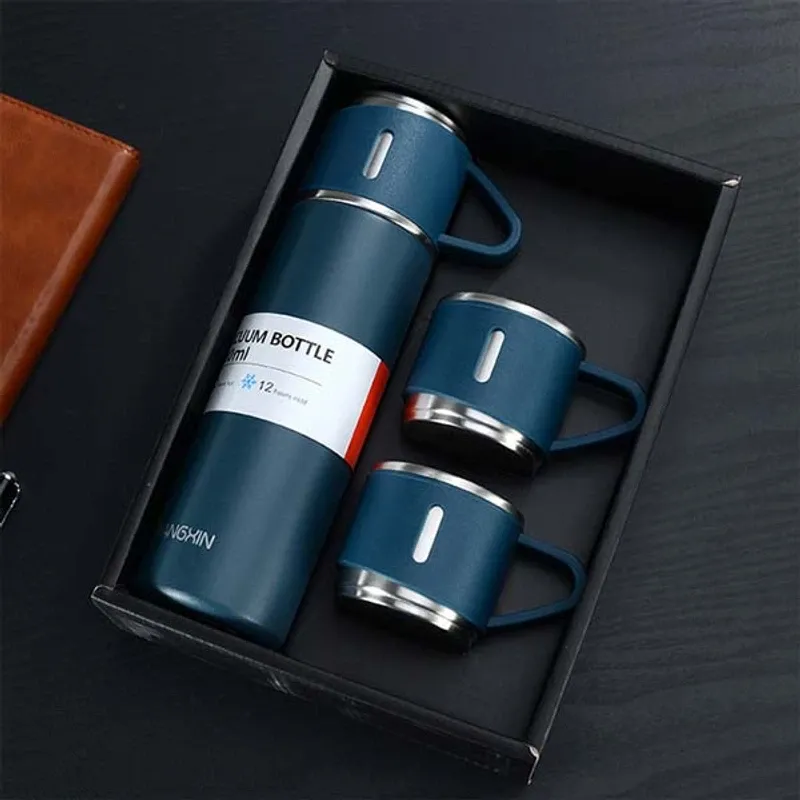 Vacuum Flask Set – ৩ কাপসহ স্টেইনলেস স্টিল ফ্লাস্ক সেট