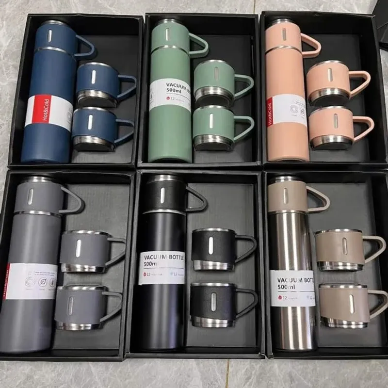 Vacuum Flask Set – ৩ কাপসহ স্টেইনলেস স্টিল ফ্লাস্ক সেট